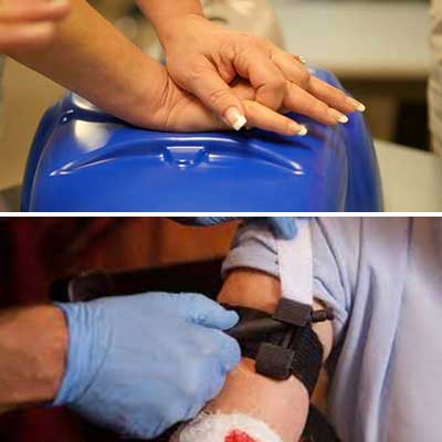 Hands on a C P R dummy and someone applying a turnoquet.