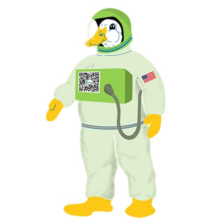 Duck wearing an astronaut suit.