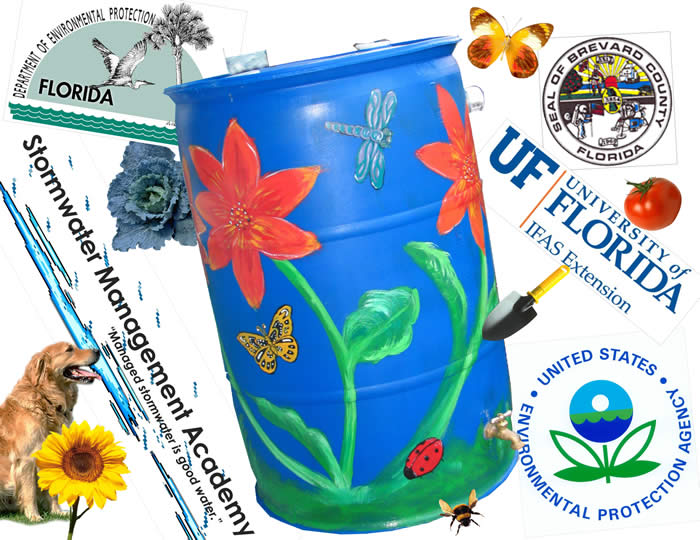 Painted rain barrel with logos of University of Florida, United Dtates Environmental Protection Agency, Brevard County, and Stormwater Management Academy.
