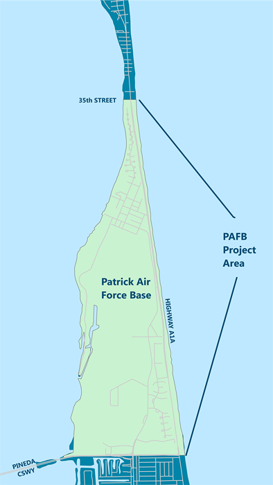 Map of Patrick Air Force Base Project Area which includes the shoreline from 35th street in Cocoa Beach south to Pineda Causeway. 