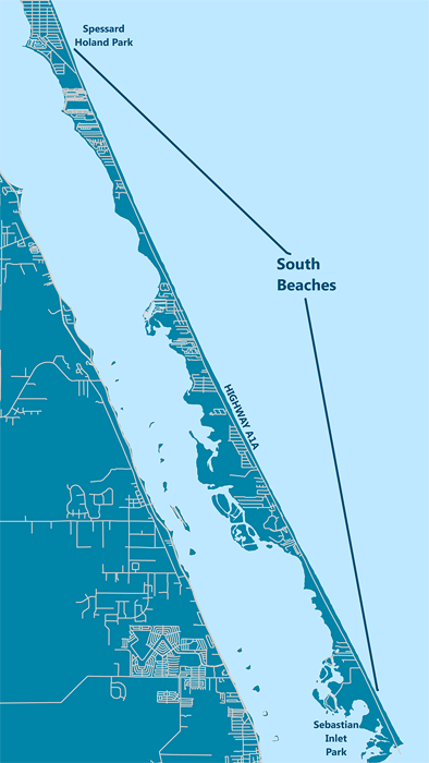 Map of shoreline of southern Brevard County barrier islands. South Beaches area extends from Spressard Holland Park to Sebastian Inlet Park. Includes Highway A1A.