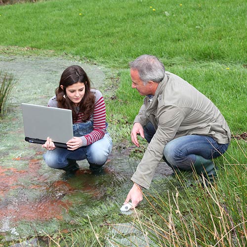 2 scientists performing tests in a marshy area.
