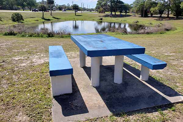 Picnic table near pond