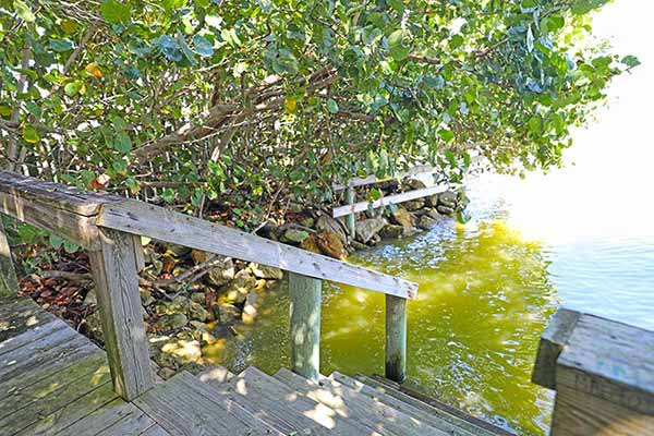 Deck stairs descending into river.