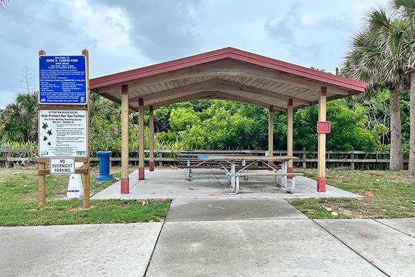 Pavilion and signs.