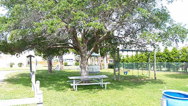 Picnic table near swing set