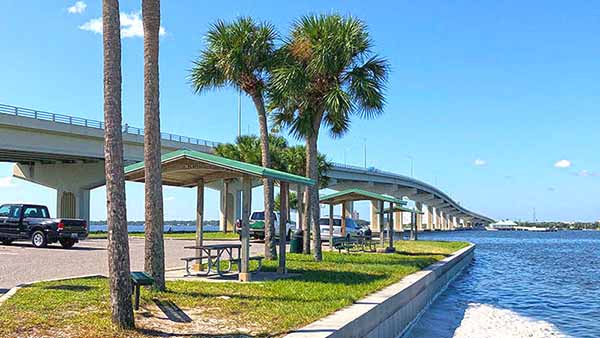 Riverfront pavilions with causeway in background