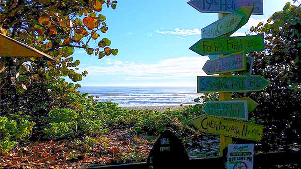 View of ocean with signs in foreground