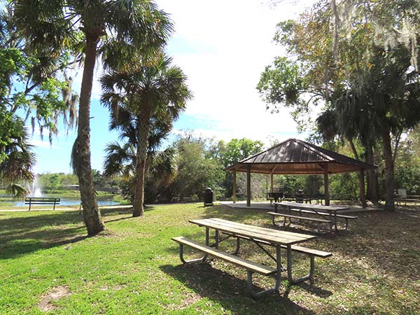 Picnic tables near gazebo