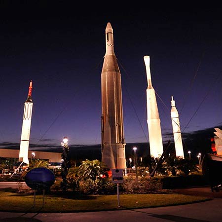 Rocket Garden square NASA's rocket garden at night.